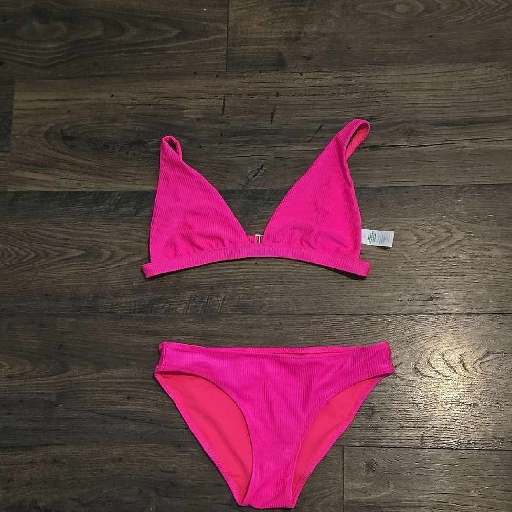 aerie Hot Pink Ribbed Triangle Bikini Set
